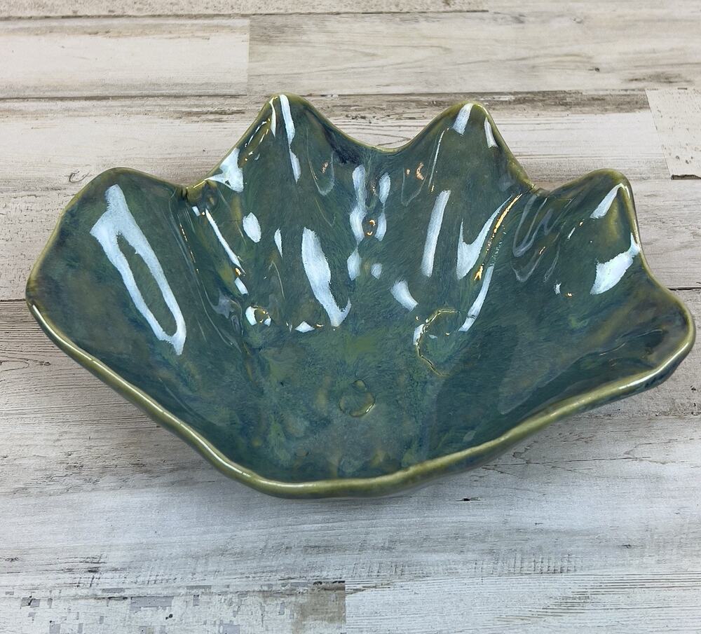 Signed MT Appalachian Studio Art Pottery Leaf Dish Blue Green Handmade Trinket